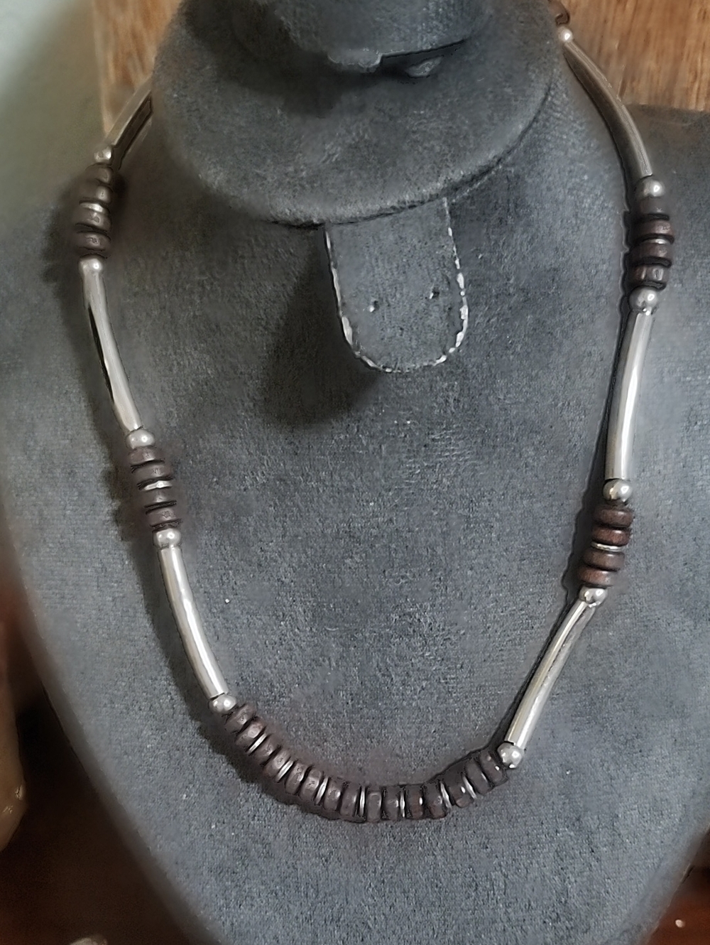Silver and Dark Brown Beaded Tube Necklace - Women's Jewelry